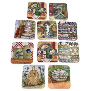 Vintage Farmhouse Cottage Coasters Cork Back 10 Beehive Crock Quilts 4in Square
